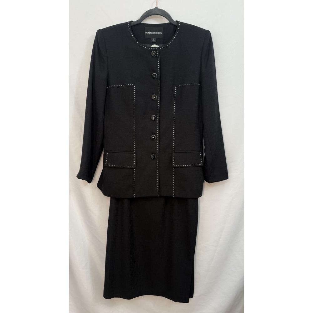 Sag Harbor Suit Black Skirt Jacket Set Career Church Womens Sz 8 *Altered Sleeve